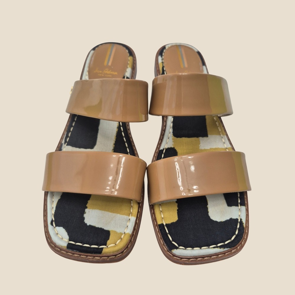 Sam Edelman Haydee Slide Sandals Womens 9.5 Tan Patent Geometric Summer Chic Box